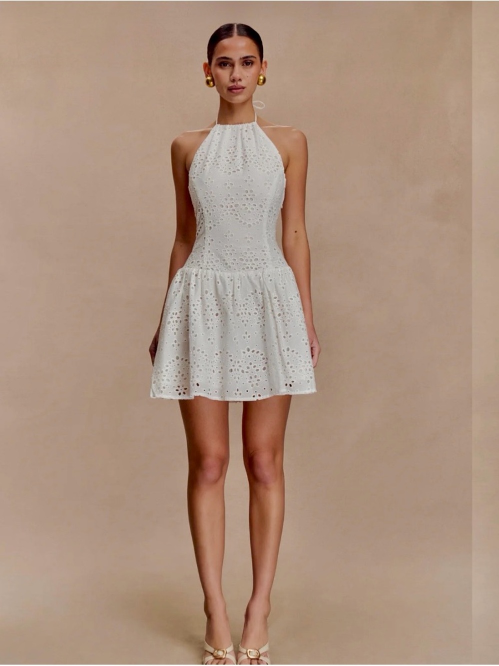 Meshki White Halter Eyelet Mini Dress